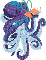 Illustration of octopus reading a book.